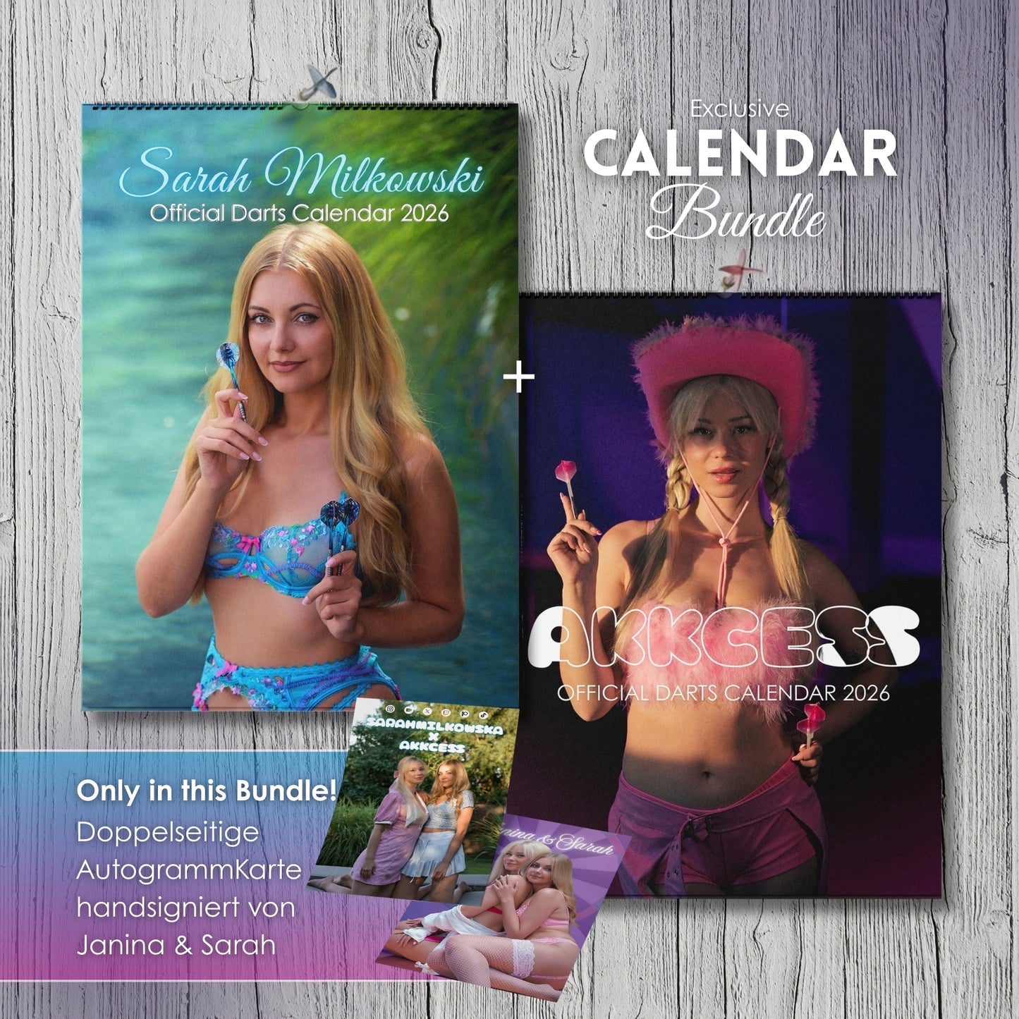 Sarah Milkowski & Akkcess Signiertes Kalender Bundle 2026 – 2er Set Wandkalender DIN A3 – 50 Stk. Limitiert für Dartfans & Sammler